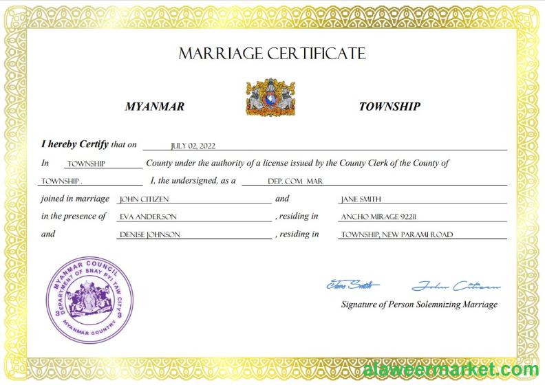Myanmar marriage certificate Word and PDF template